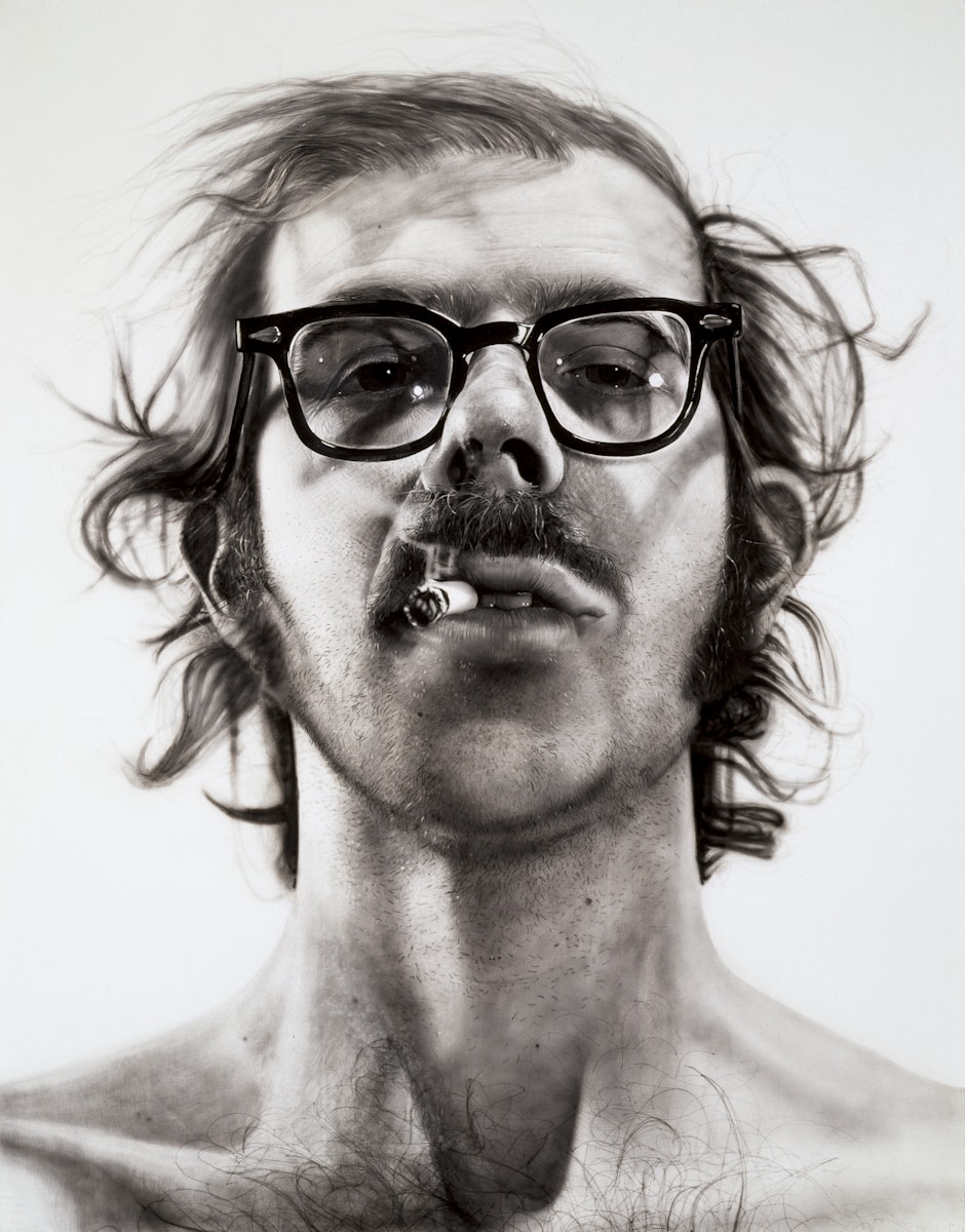 Chuck Close photorealist painting Big Self-Portrait, a monumental gridded black-and-white self-portrait