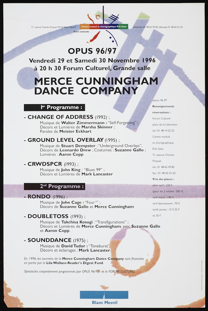 poster for Merce Cunningham Dance Company: Opus 96/97 Centre Musical et Chorégraphique Érik Satie