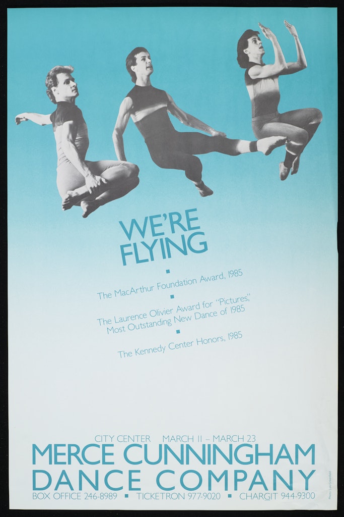 poster for Merce Cunningham Dance Company: We're Flying City Center March 11-23, 1985