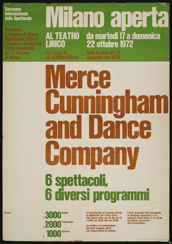 poster for Milano Aperta: Merce Cunningham Dance Company 6 spettacoli, 6 diversi programmi October 22, 1972