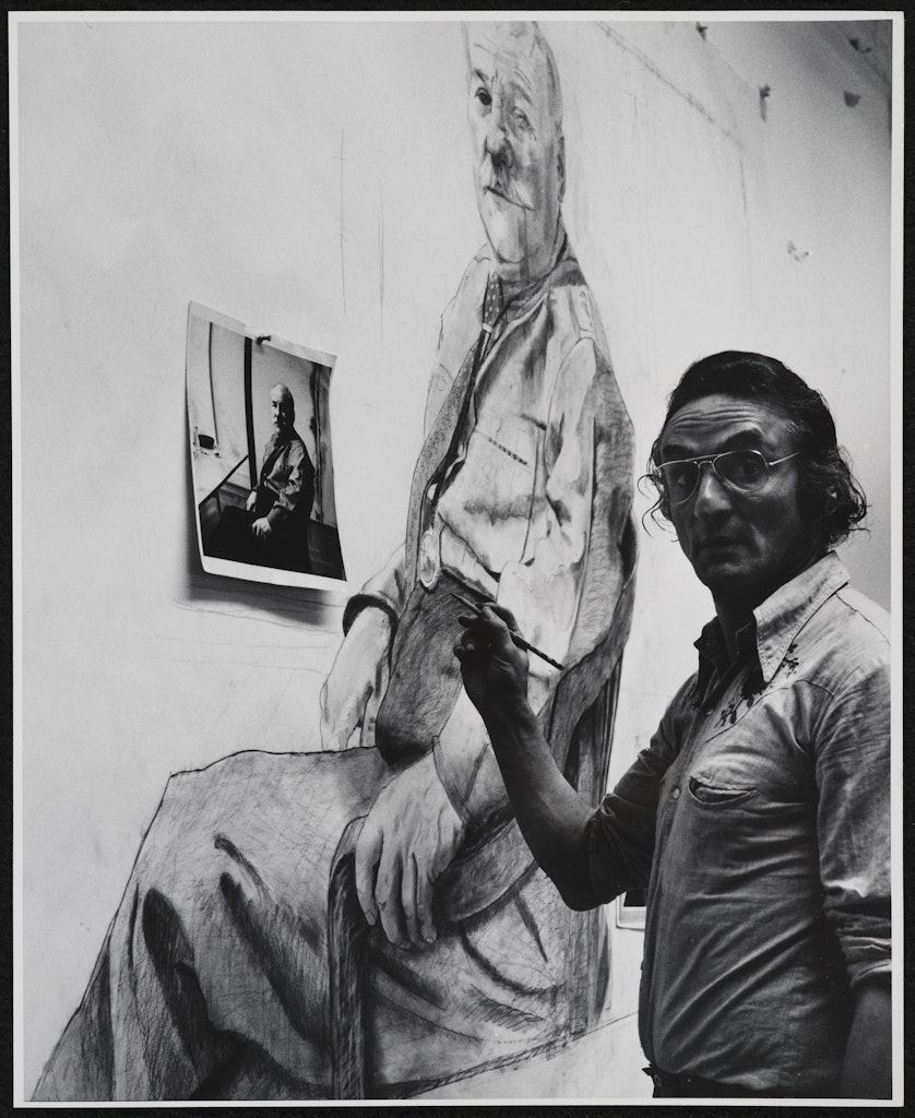 Larry Rivers working on a portrait of Barnett Newman, artist's studio, NY